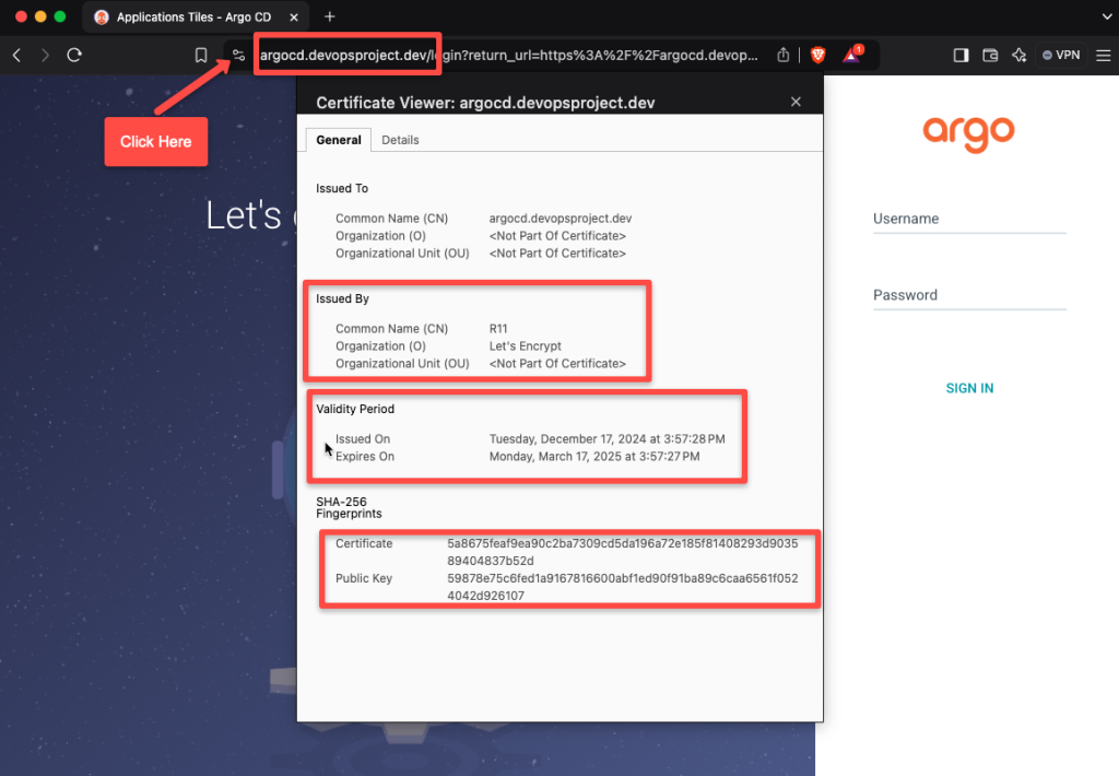 the argocd web interface with secure http protocol