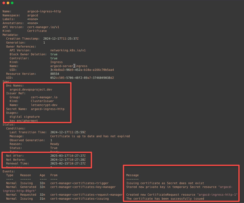 describing the cert manager certificate custom resource to know the details of the certificate and the expiary details