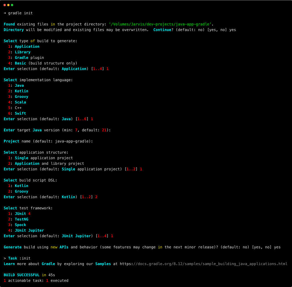 questions asked for creating project structure by gradle init command