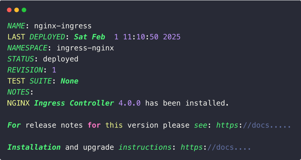 the confirmation message of the nginx ingress controller deployment in the kubernetes cluster